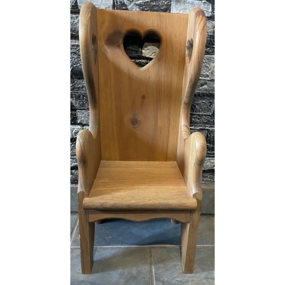 Medium Vintage Handmade Wooden  Chair W/ Carved Cut out Heart Back 19" Doll Baby